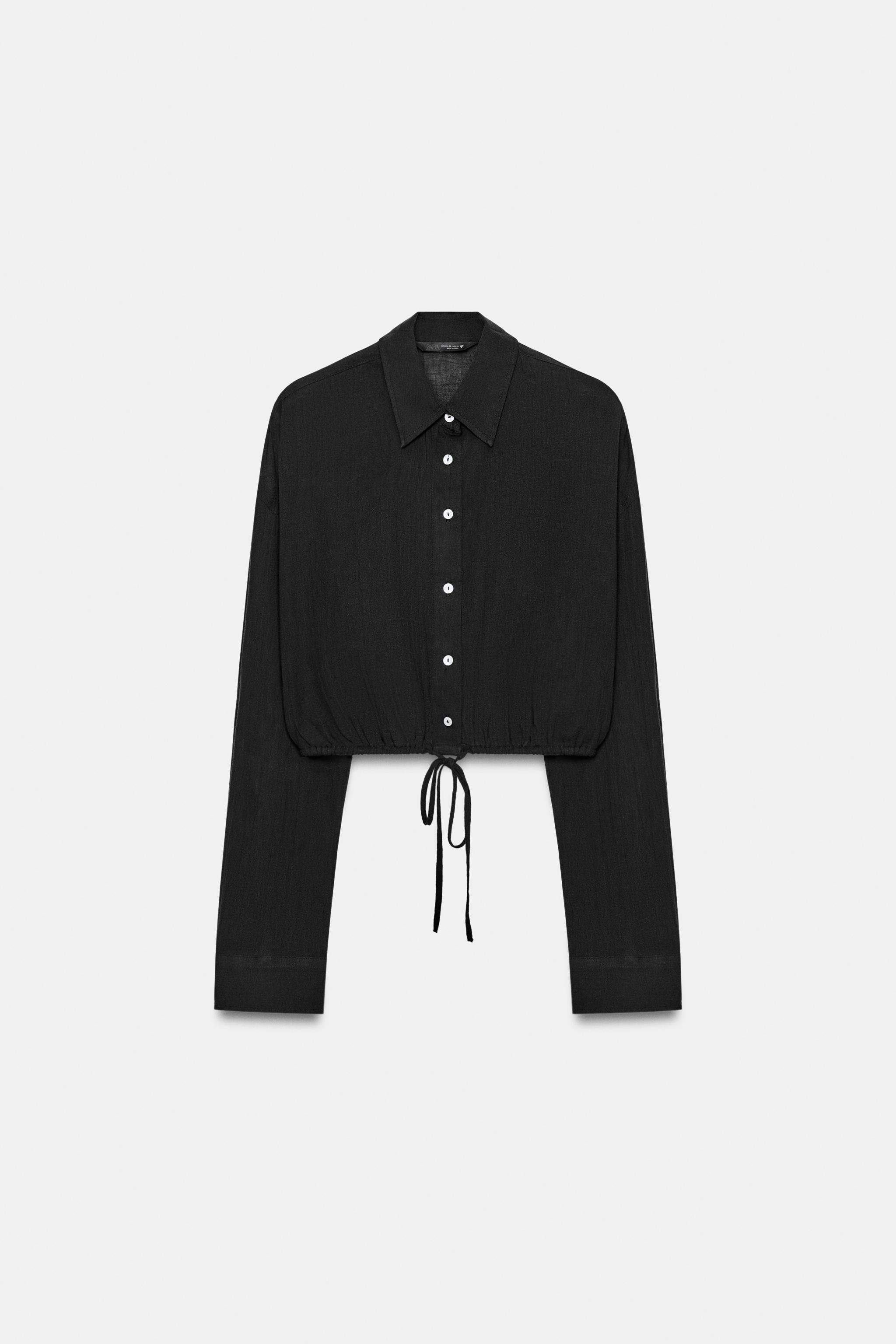 CROPPED POLKA DOT CHIFFON SHIRT WITH DRAWSTRING